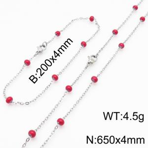 4mm Silver Stainless Steel Bracelet 20cm & Necklace 65cm With Red Beads - KS197732-Z