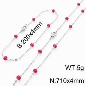 4mm Silver Stainless Steel Bracelet 20cm & Necklace 71cm With Red Beads - KS197733-Z
