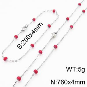 4mm Silver Stainless Steel Bracelet 20cm & Necklace 76cm With Red Beads - KS197734-Z