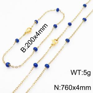 4mm Gold Stainless Steel Bracelet 20cm & Necklace 76cm With Purple Beads - KS197741-Z