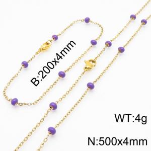 4mm Gold Stainless Steel Bracelet 20cm & Necklace 50cm With Indigo Beads - KS197750-Z