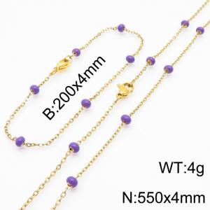 4mm Gold Stainless Steel Bracelet 20cm & Necklace 55cm With Indigo Beads - KS197751-Z