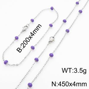 4mm Silver Stainless Steel Bracelet 20cm & Necklace 45cm With Indigo Beads - KS197756-Z