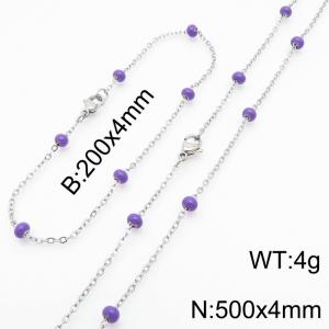 4mm Silver Stainless Steel Bracelet 20cm & Necklace 50cm With Indigo Beads - KS197757-Z