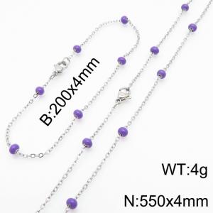 4mm Silver Stainless Steel Bracelet 20cm & Necklace 55cm With Indigo Beads - KS197758-Z