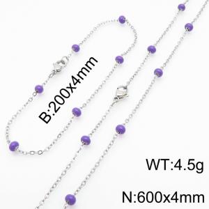 4mm Silver Stainless Steel Bracelet 20cm & Necklace 60cm With Indigo Beads - KS197759-Z