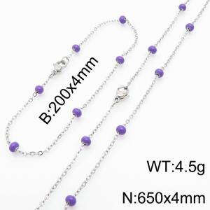 4mm Silver Stainless Steel Bracelet 20cm & Necklace 65cm With Indigo Beads - KS197760-Z