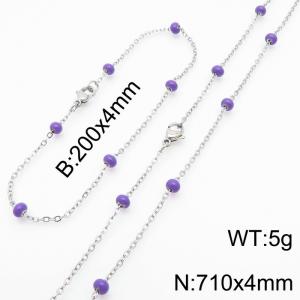 4mm Silver Stainless Steel Bracelet 20cm & Necklace 71cm With Indigo Beads - KS197761-Z