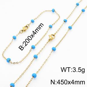 4mm Gold Stainless Steel Bracelet 20cm & Necklace 45cm With Blue Beads - KS197763-Z