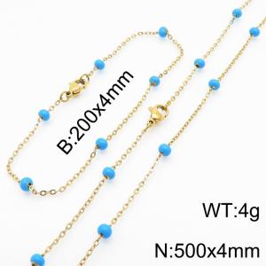 4mm Gold Stainless Steel Bracelet 20cm & Necklace 50cm With Blue Beads - KS197764-Z