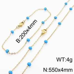 4mm Gold Stainless Steel Bracelet 20cm & Necklace 55cm With Blue Beads - KS197765-Z
