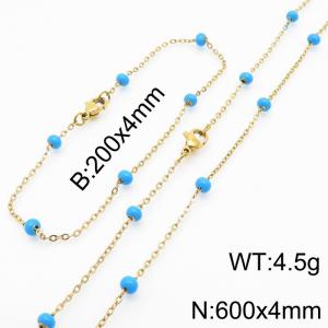 4mm Gold Stainless Steel Bracelet 20cm & Necklace 60cm With Blue Beads - KS197766-Z