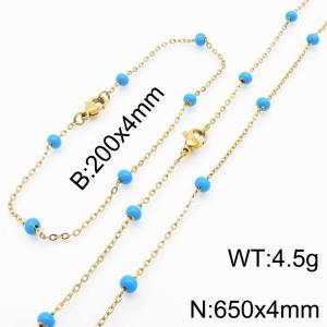 4mm Gold Stainless Steel Bracelet 20cm & Necklace 65cm With Blue Beads - KS197767-Z