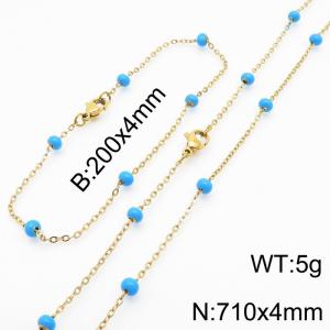 4mm Gold Stainless Steel Bracelet 20cm & Necklace 71cm With Blue Beads - KS197768-Z