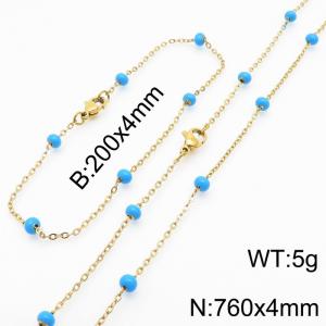 4mm Gold Stainless Steel Bracelet 20cm & Necklace 76cm With Blue Beads - KS197769-Z