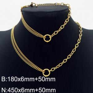 18K Gold Plated Circle Two Different Chains Necklaces Bracelets Stainless Steel Jewelry Set - KS197942-Z