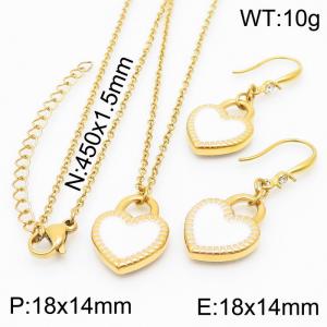 Simple Drop Glue White Heart Earrings Necklaces 18K Gold Plated Stainless Steel Jewelry Set - KS198085-Z