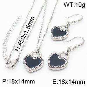 Simple Drop Glue Black Heart Earrings Necklaces Women's Stainless Steel Jewelry Set - KS198086-Z