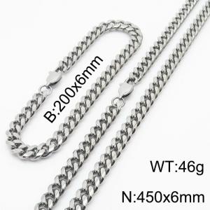 6mm Silver Color Jewelry Set Stainless Steel Cuban Link Chain Long Necklace Bracelets For Men - KS198302-ZZ