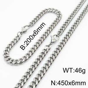 6mm Silver Color Jewelry Set Stainless Steel Cuban Link Chain Long Necklace Bracelets For Men - KS198309-ZZ