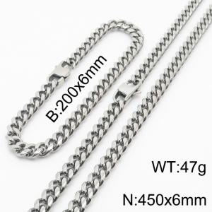 6mm Silver Color Jewelry Set Stainless Steel Cuban Link Chain Long Necklace Bracelets For Men - KS198316-ZZ