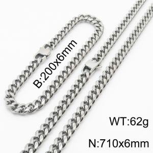 6mm Silver Color Jewelry Set Stainless Steel Cuban Link Chain Long Necklace Bracelets For Men - KS198321-ZZ