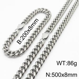 200x8mm & 500x8mm Stainless Steel 304 Cuban Curb Chain Bracelet & Necklace Set Men Fashion Party Jewelry - KS198331-ZZ