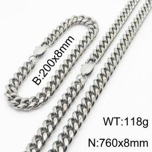 200x8mm & 760x8mm Stainless Steel 304 Cuban Curb Chain Bracelet & Necklace Set Men Fashion Party Jewelry - KS198336-ZZ