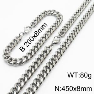 200x8mm & 450x8mm Stainless Steel 304 Cuban Chain Bracelet & Necklace Set Males Jewelry With Classic Lobster Clasp - KS198337-ZZ