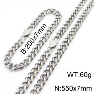 Stainless steel 200x7mm&550x7mm cuban chain special clasp classic silver sets - KS198528-ZZ