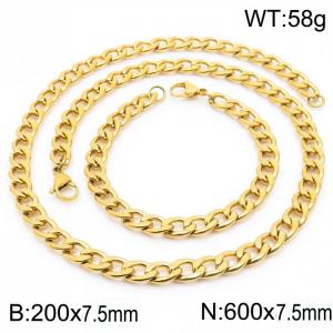 Stainless steel 200x7.5mm&600x7.5mm cuban chain fashional lobster clasp classic simple style gold sets - KS198870-Z