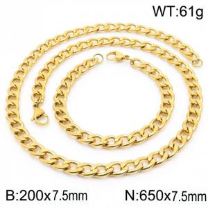 Stainless steel 200x7.5mm&650x7.5mm cuban chain fashional lobster clasp classic simple style gold sets - KS198871-Z