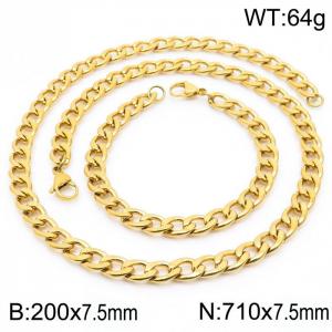 Stainless steel 200x7.5mm&710x7.5mm cuban chain fashional lobster clasp classic simple style gold sets - KS198872-Z