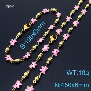Temperament Ins Pink Butterfly Eye Copper Necklace Beacelet 18K Gold Plated Women Fashion Jewelry Set - KS198922-Z