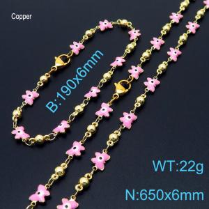 Temperament Ins Pink Butterfly Eye Copper Necklace Beacelet 18K Gold Plated Women Fashion Jewelry Set - KS198926-Z