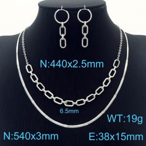 Stainless steel 440x2.5mm welding chain combined link chain&540x3mm snake chain fashional lobster clasp trendy double layer chain silver earring sets - KS199215-Z
