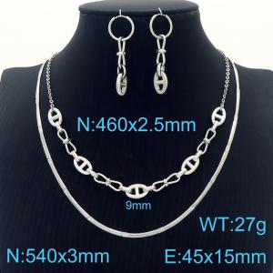 Stainless steel 460x2.5mm welding chain combined similar cartier chain&540x3mm snake chain fashional lobster clasp trendy double layer chain silver earring sets - KS199217-Z