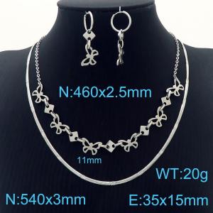 Stainless steel 460x2.5mm welding chain combined butterfly shape link chain&540x3mm snake chain fashional lobster clasp trendy double layer chain silver earring sets - KS199219-Z