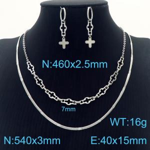 Stainless steel 460x2.5mm welding chain combined cross shape link chain&540x3mm snake chain fashional lobster clasp trendy double layer chain silver earring sets - KS199221-Z