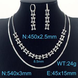 Stainless steel 450x2.5mm welding chain combined square link chain&540x3mm snake chain fashional lobster clasp trendy double layer chain silver earring sets - KS199223-Z