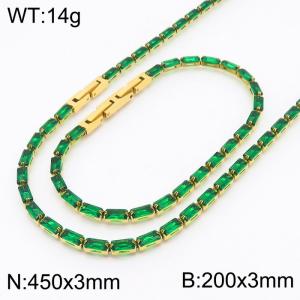 Women Green Zircons Jewelry Set with Gold Plated 450X3mm Necklace&200X3mm Bracelet - KS199354-KFC