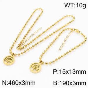 3mm Beads Chain Jewelry Set Stainless Steel Bracelet & Necklace With Life of Tree Charm Gold Color - KS199365-Z