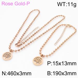 3mm Beads Chain Jewelry Set Stainless Steel Bracelet & Necklace With Life of Tree Charm Rose Gold Color - KS199366-Z