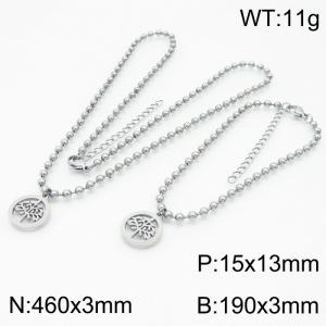 3mm Beads Chain Jewelry Set Stainless Steel Bracelet & Necklace With Life of Tree Charm Silver Color - KS199367-Z