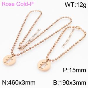 3mm Beads Chain Jewelry Set Stainless Steel Bracelet & Necklace With Girl Charm Rose Gold Color - KS199369-Z