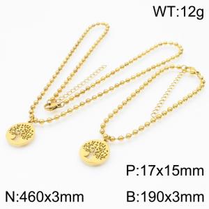 3mm Beads Chain Jewelry Set Stainless Steel Bracelet & Necklace With Life of Tree Charm Gold Color - KS199371-Z