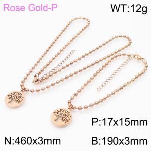 3mm Beads Chain Jewelry Set Stainless Steel Bracelet & Necklace With Life of Tree Charm Rose Gold Color - KS199372-Z