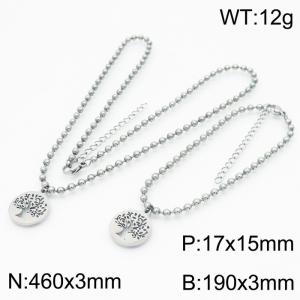 3mm Beads Chain Jewelry Set Stainless Steel Bracelet & Necklace With Life of Tree Charm Silver Color - KS199373-Z