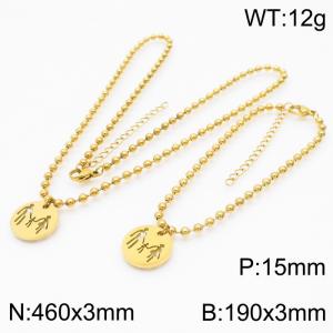 3mm Beads Chain Jewelry Set Stainless Steel Bracelet & Necklace With Family Charm Gold Color - KS199374-Z