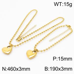 3mm Beads Chain Jewelry Set Stainless Steel Bracelet & Necklace With Heart Charm Gold Color - KS199386-Z
